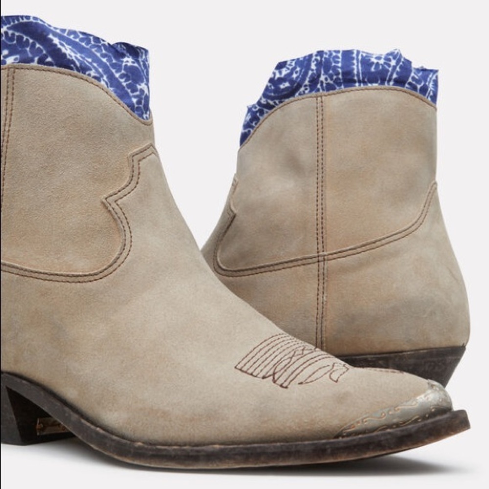 NEW Golden Goose Young Leather Western Bootie with Bandana Trim in Beige